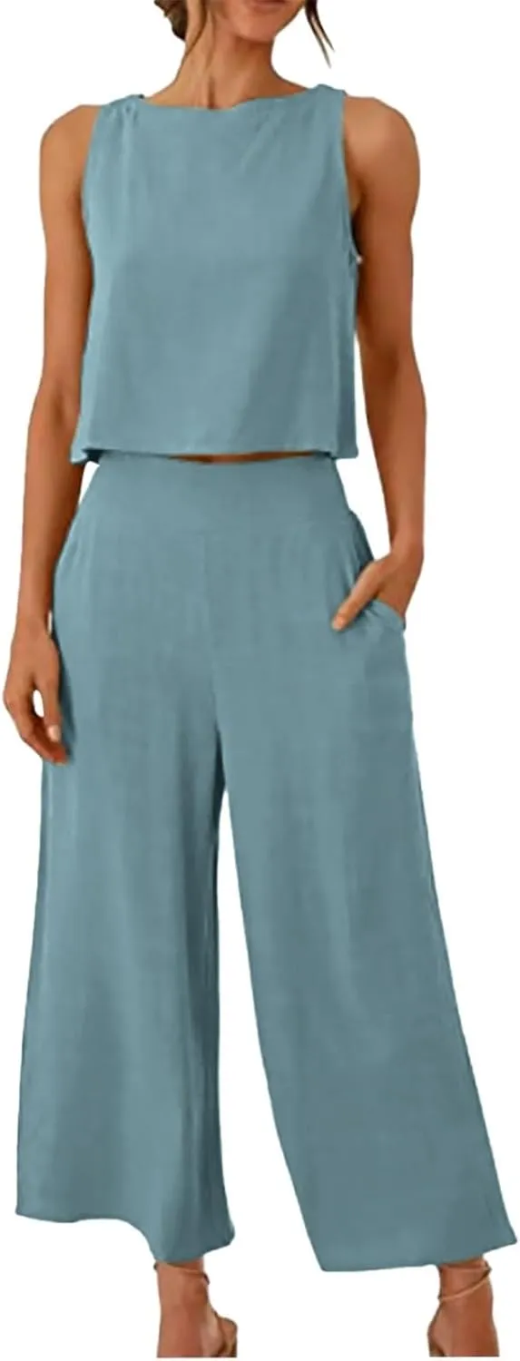 Women's Summer 2 Piece Outfits Sleeveless Crop Top Capri Wide Leg Pants Jumpsuit Linen Lounge Beach Travel Sets