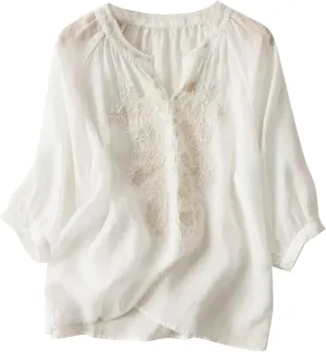 Women's Summer 3/4 Sleeve Cotton Linen Tops Vintage Mexican Embroidered Shirts Casual V Neck Boho Blouse Oversized