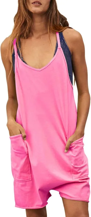 Womens Summer Casual Sleeveless Romper Loose Fit Spaghetti Strap Overalls Shorts Beach Vacation Jumpsuits with Pocket