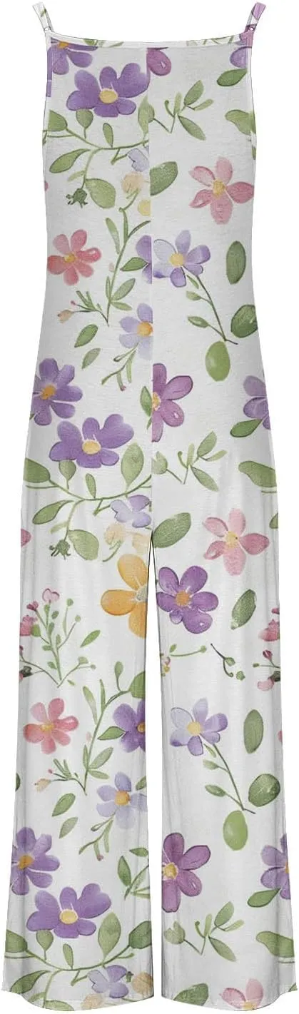 Women's Summer Casual Sleeveless Rompers Spaghetti Strap Lounge Overalls Floral Print Design Jumpsuits Beach Vaction