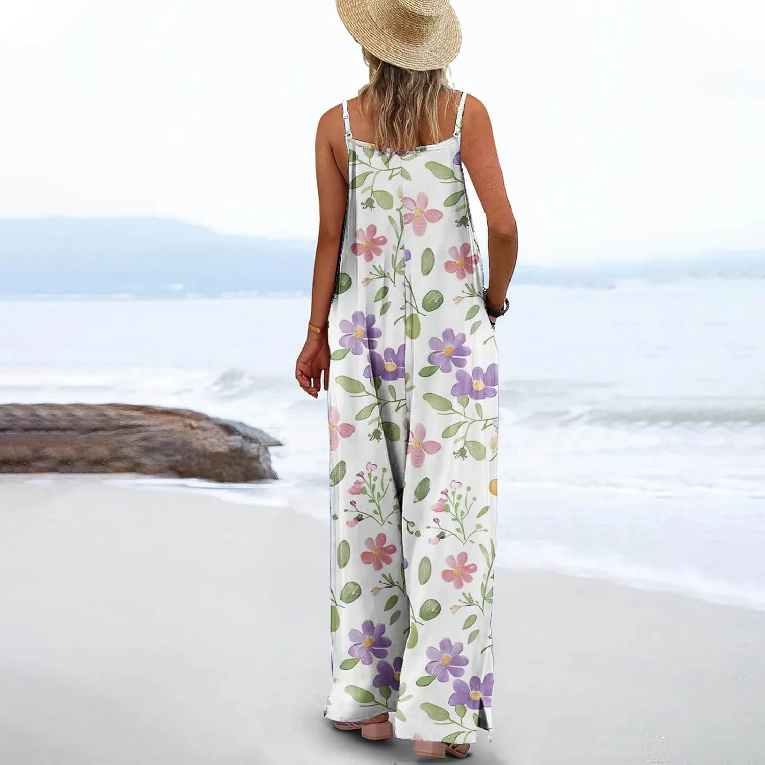 Women's Summer Casual Sleeveless Rompers Spaghetti Strap Lounge Overalls Floral Print Design Jumpsuits Beach Vaction