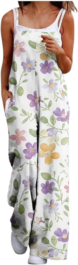 Women's Summer Casual Sleeveless Rompers Spaghetti Strap Lounge Overalls Floral Print Design Jumpsuits Beach Vaction