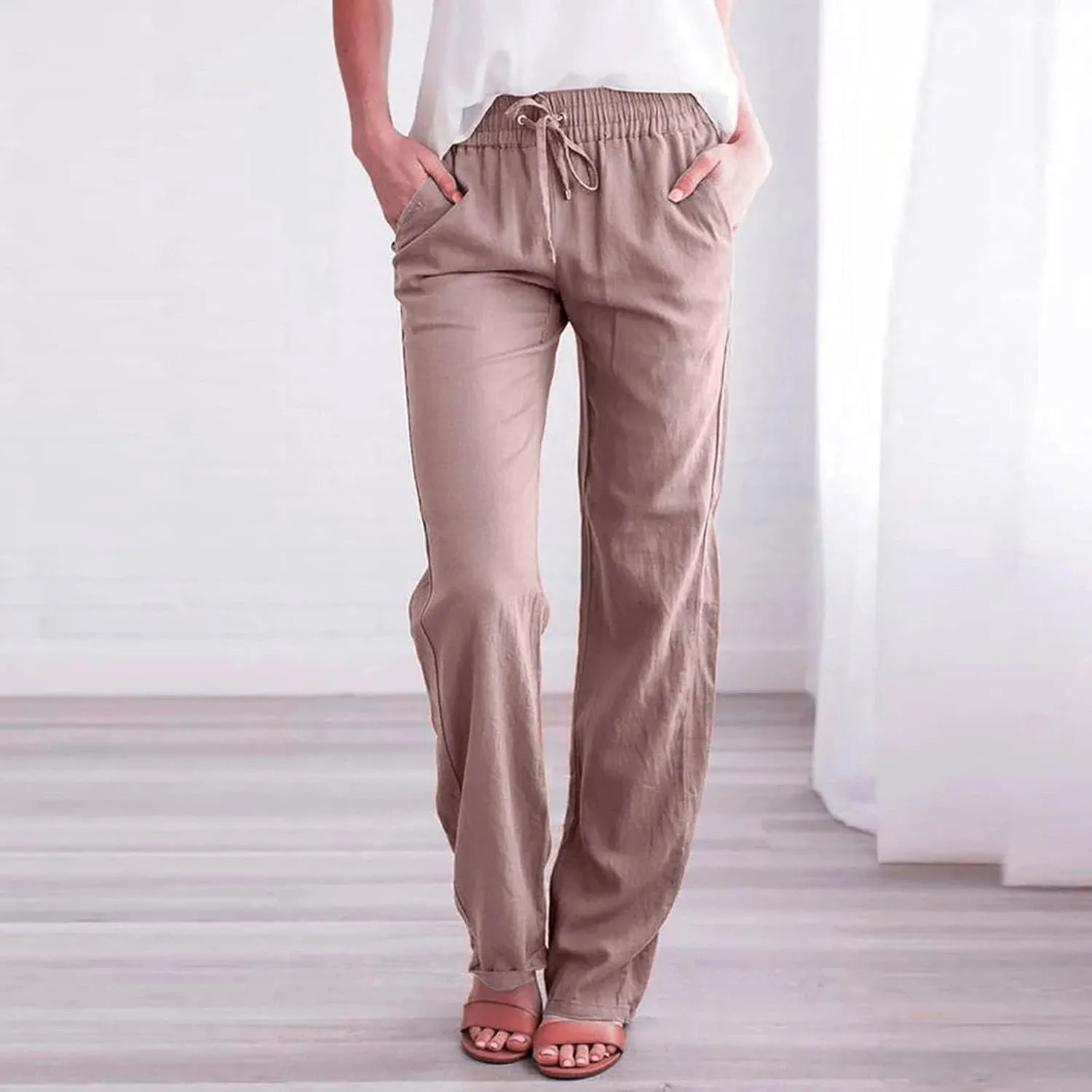 Womens Summer Fashion Linen Cotton Pants Casual Drawstring High Waist Loose Fit Beach Vacation Trousers with Pockets