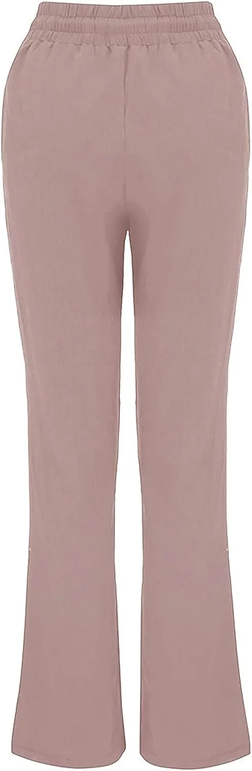 Womens Summer Fashion Linen Cotton Pants Casual Drawstring High Waist Loose Fit Beach Vacation Trousers with Pockets