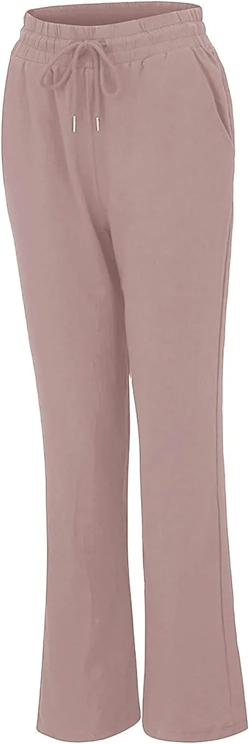 Womens Summer Fashion Linen Cotton Pants Casual Drawstring High Waist Loose Fit Beach Vacation Trousers with Pockets