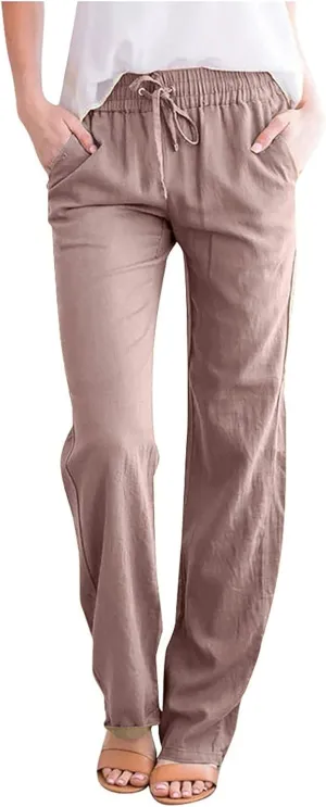 Womens Summer Fashion Linen Cotton Pants Casual Drawstring High Waist Loose Fit Beach Vacation Trousers with Pockets