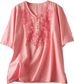 Women's Summer Flora Embroidered Tops V Neck Short Sleeve Tunic Tops for Women Cotton Blouses Boho Loose Fit Tunic Tshirts