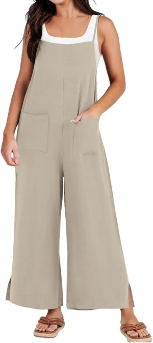 Women's Summer Linen Jumpsuits Spaghetti Strap Jumpers Baggy Wide Leg Bib Pants Jumpsuit Vacation Overalls