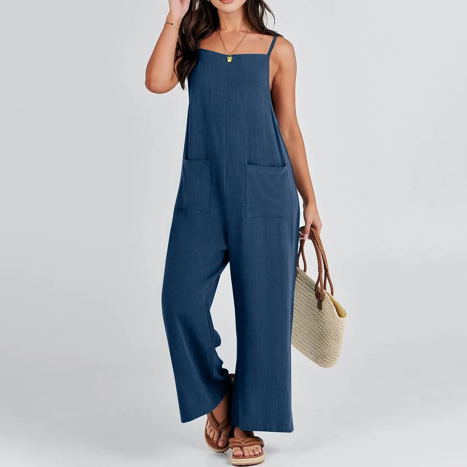 Women's Summer Linen Jumpsuits Spaghetti Strap Jumpers Baggy Wide Leg Bib Pants Jumpsuit Vacation Overalls
