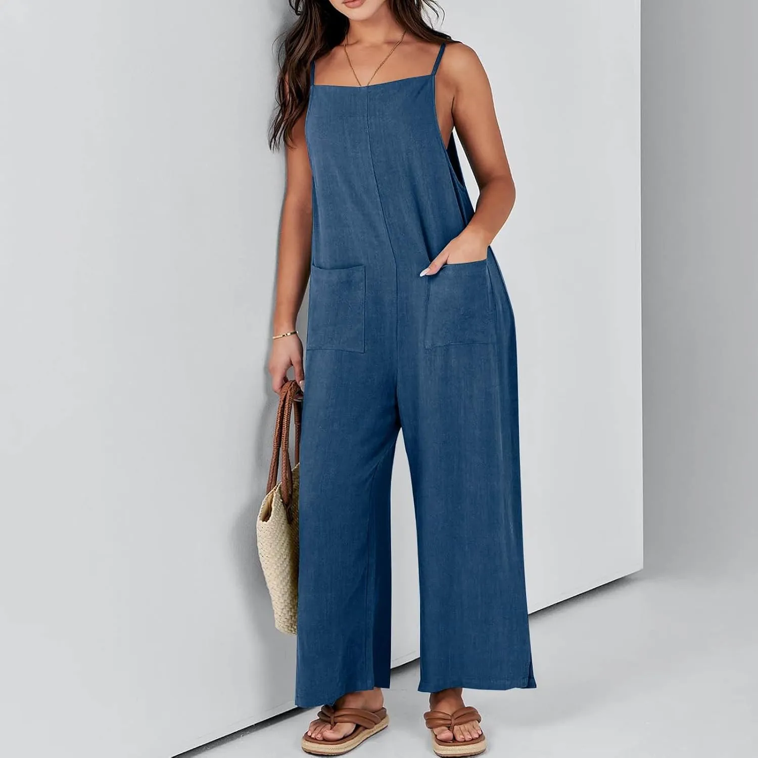Women's Summer Linen Jumpsuits Spaghetti Strap Jumpers Baggy Wide Leg Bib Pants Jumpsuit Vacation Overalls