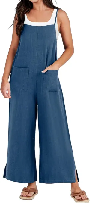 Women's Summer Linen Jumpsuits Spaghetti Strap Jumpers Baggy Wide Leg Bib Pants Jumpsuit Vacation Overalls