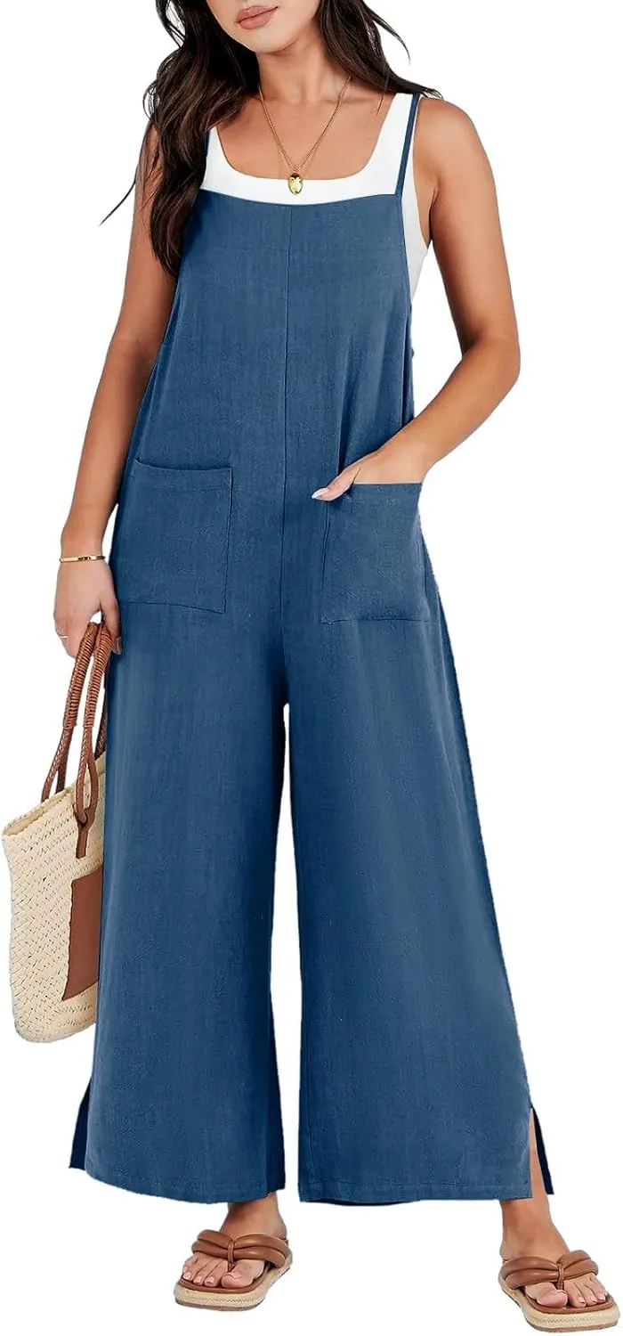 Women's Summer Linen Jumpsuits Spaghetti Strap Jumpers Baggy Wide Leg Bib Pants Jumpsuit Vacation Overalls