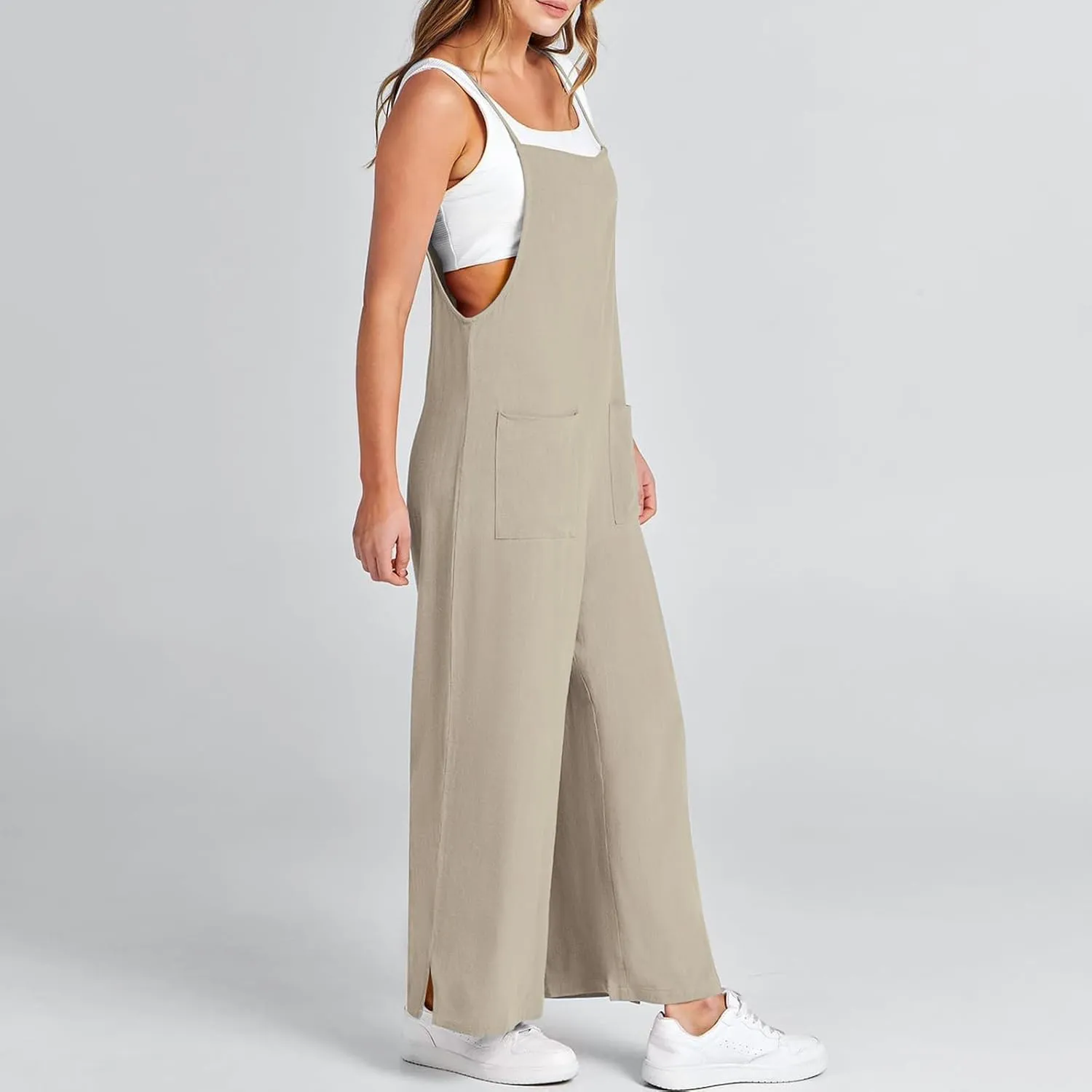 Women's Summer Linen Jumpsuits Spaghetti Strap Jumpers Baggy Wide Leg Bib Pants Jumpsuit Vacation Overalls