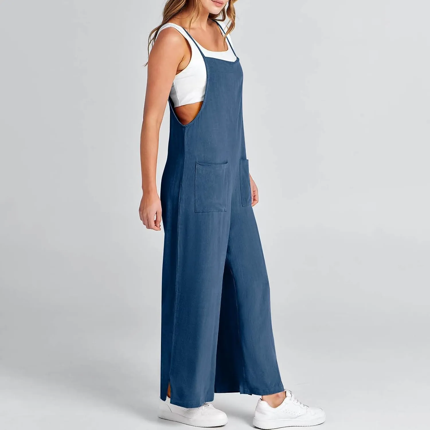 Women's Summer Linen Jumpsuits Spaghetti Strap Jumpers Baggy Wide Leg Bib Pants Jumpsuit Vacation Overalls