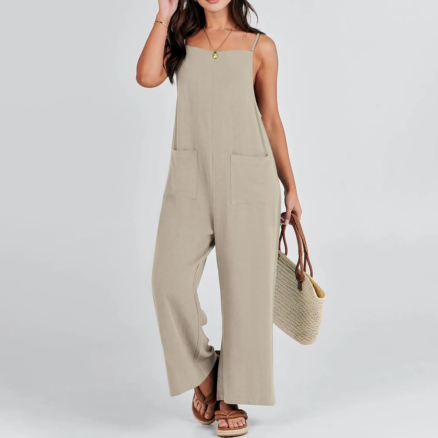 Women's Summer Linen Jumpsuits Spaghetti Strap Jumpers Baggy Wide Leg Bib Pants Jumpsuit Vacation Overalls