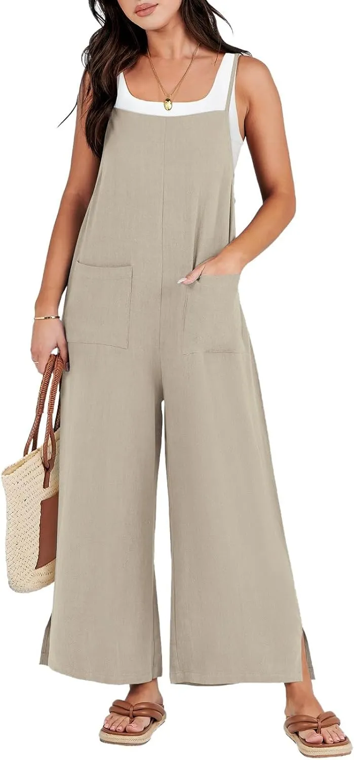 Women's Summer Linen Jumpsuits Spaghetti Strap Jumpers Baggy Wide Leg Bib Pants Jumpsuit Vacation Overalls