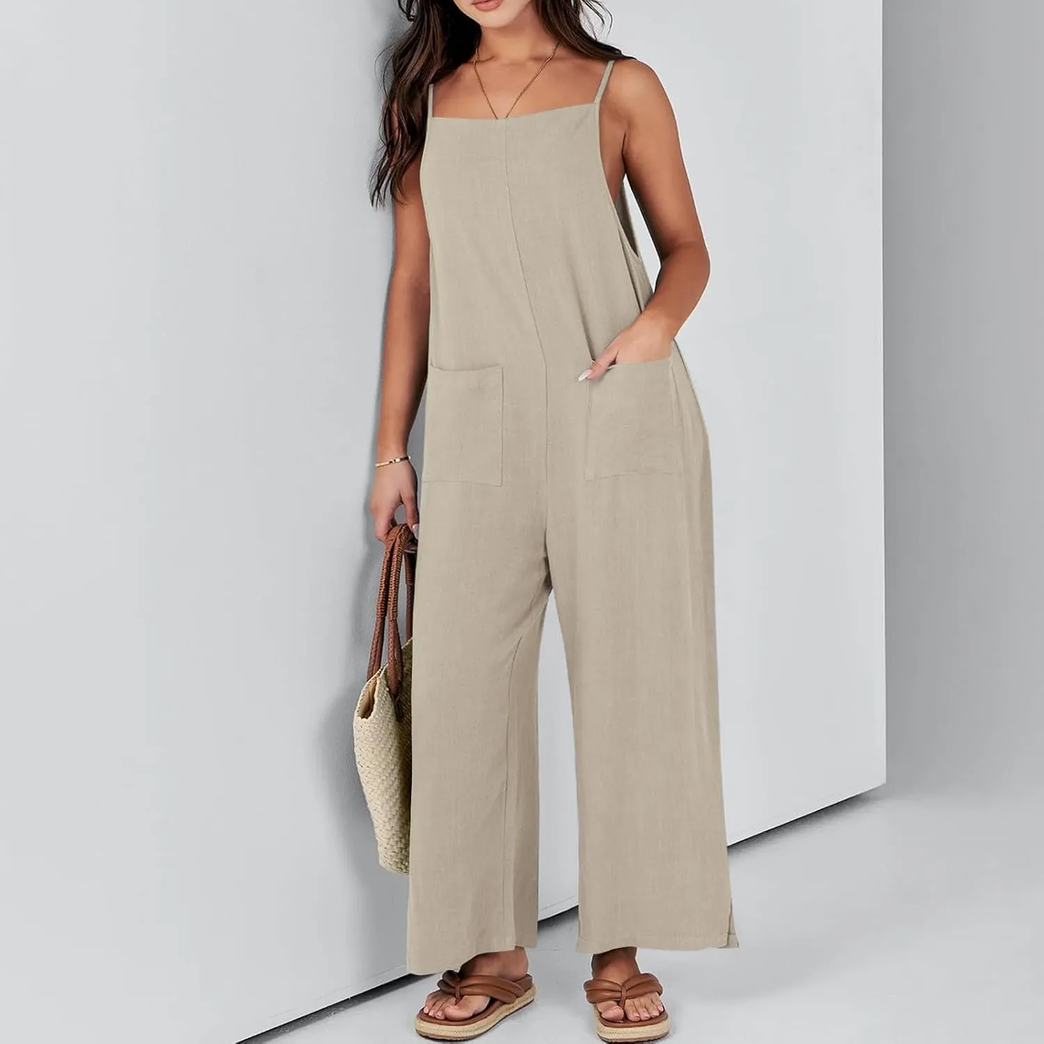 Women's Summer Linen Jumpsuits Spaghetti Strap Jumpers Baggy Wide Leg Bib Pants Jumpsuit Vacation Overalls