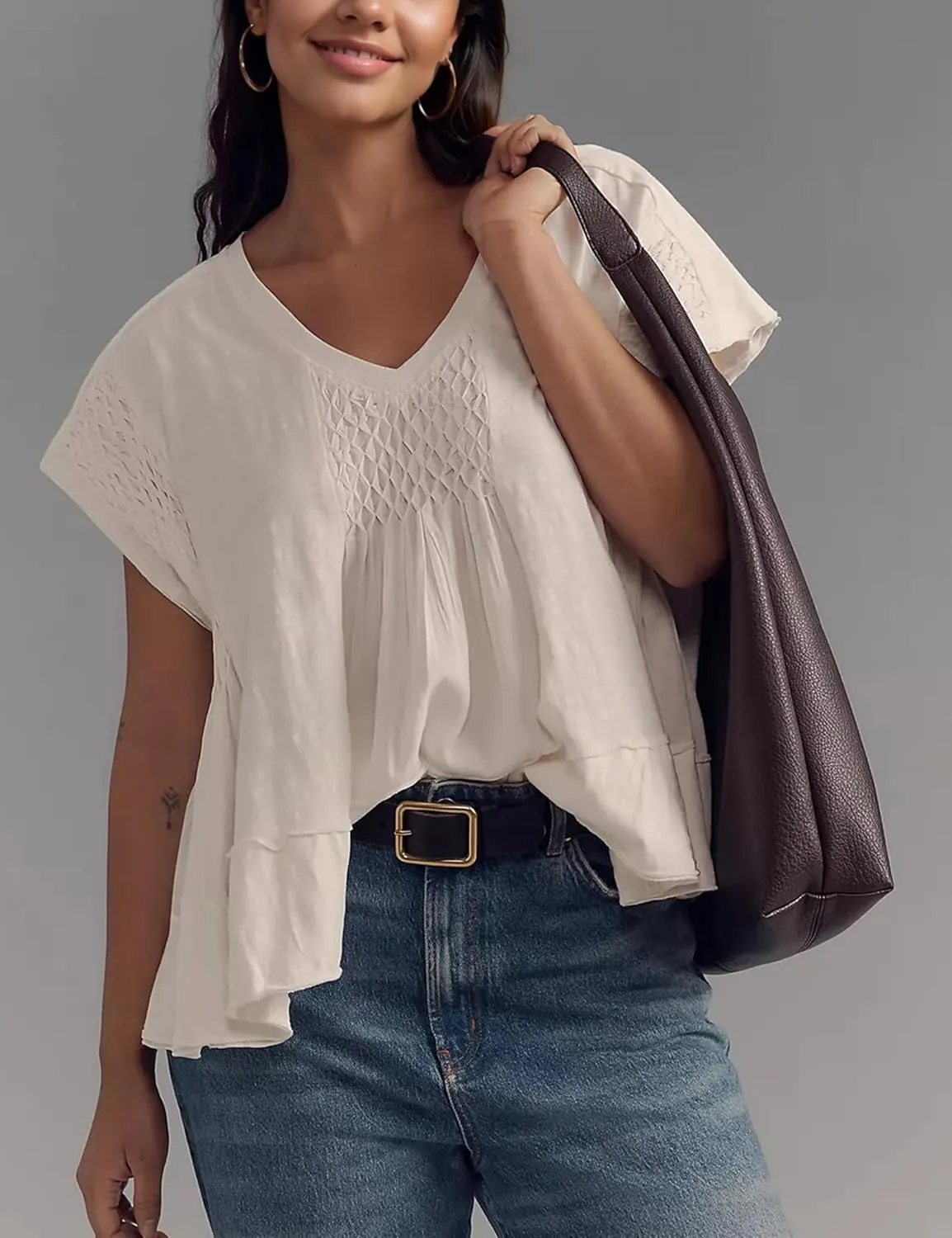 Womens Summer Peplum Top Cute Ruffle Shirt Casual Short Sleeve Flowy Hem Boho Pleated Smocked Tops Trendy 2025