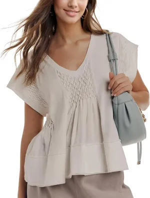 Womens Summer Peplum Top Cute Ruffle Shirt Casual Short Sleeve Flowy Hem Boho Pleated Smocked Tops Trendy 2025