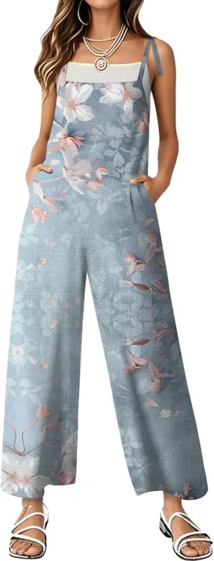 Women's Summer Rompers Loose Wide Leg Casual Wide Leg Long Jumpsuits Rompers with Pockets