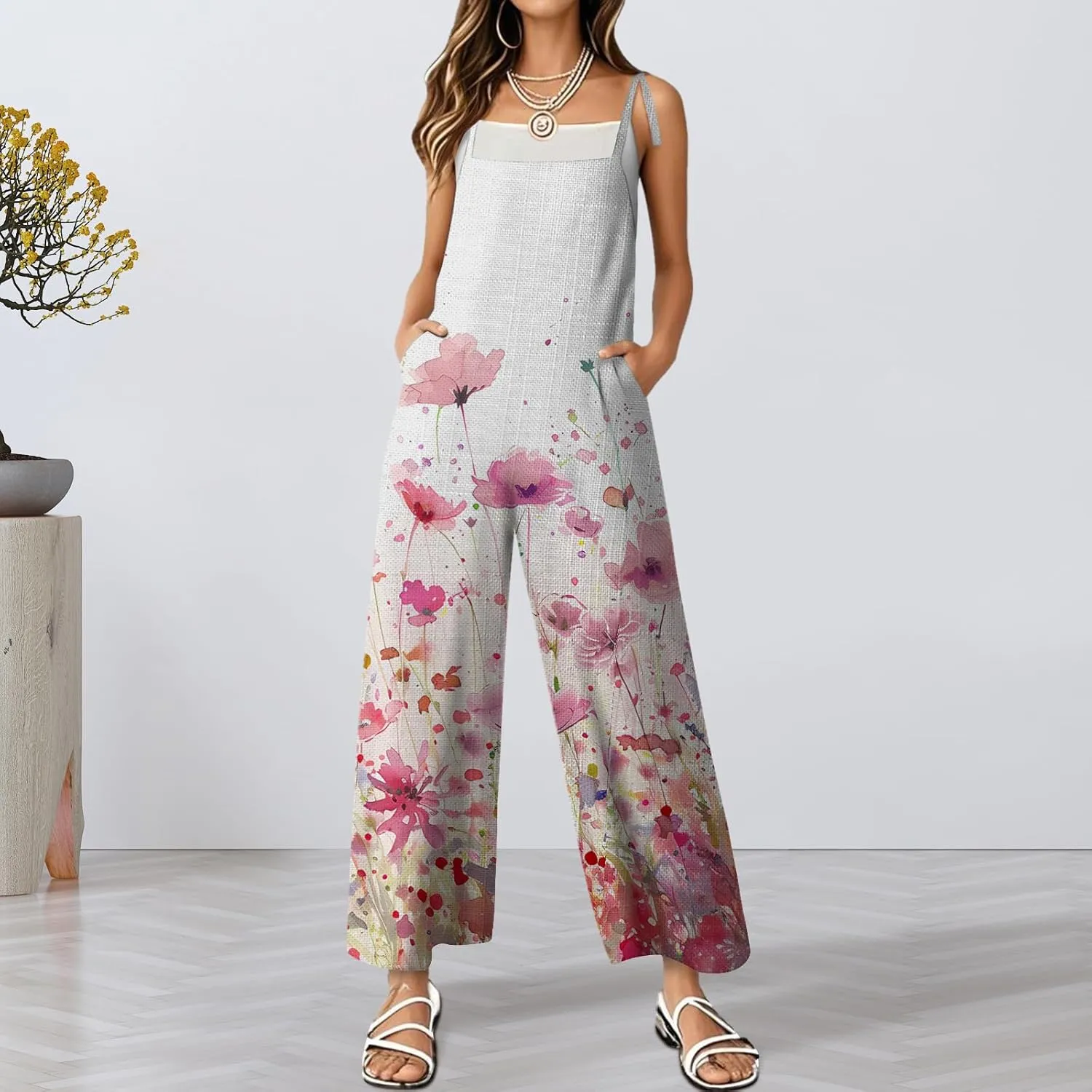 Women's Summer Rompers Loose Wide Leg Casual Wide Leg Long Jumpsuits Rompers with Pockets