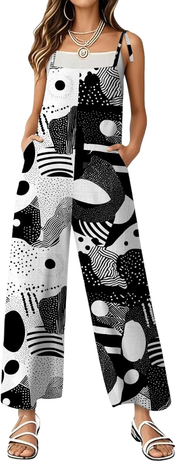 Women's Summer Rompers Loose Wide Leg Casual Wide Leg Long Jumpsuits Rompers with Pockets
