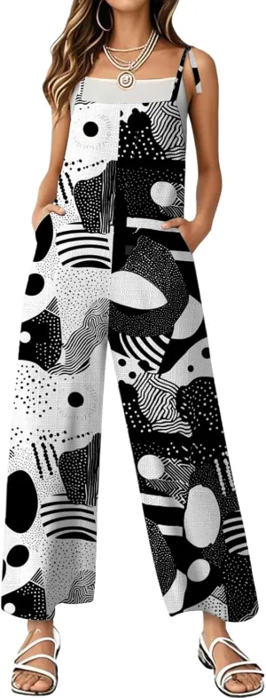 Women's Summer Rompers Loose Wide Leg Casual Wide Leg Long Jumpsuits Rompers with Pockets