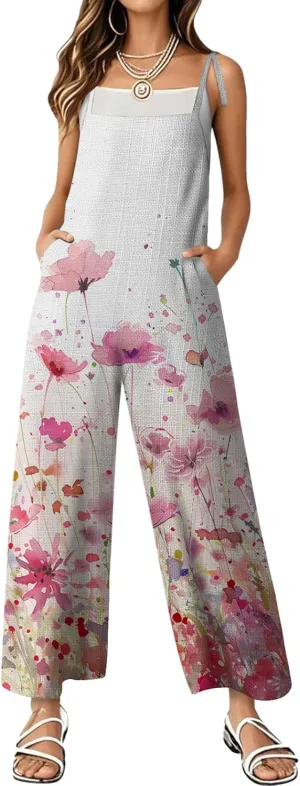 Women's Summer Rompers Loose Wide Leg Casual Wide Leg Long Jumpsuits Rompers with Pockets