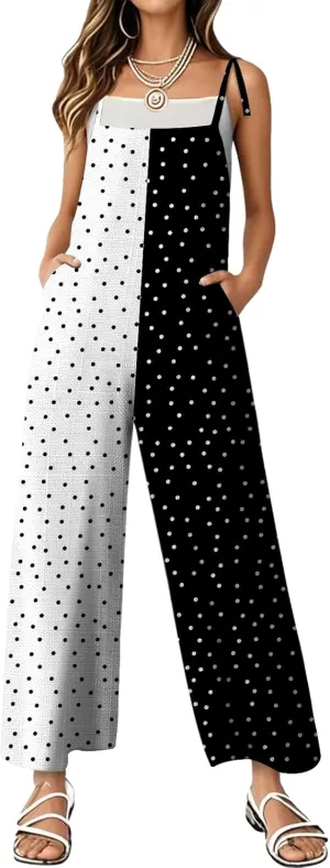 Women's Summer Rompers Loose Wide Leg Casual Wide Leg Long Jumpsuits Rompers with Pockets