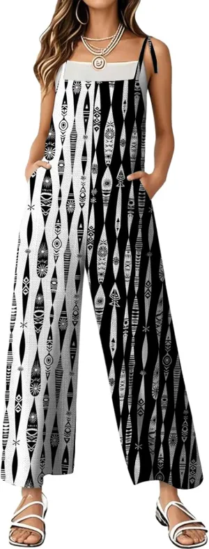 Women's Summer Rompers Loose Wide Leg Casual Wide Leg Long Jumpsuits Rompers with Pockets