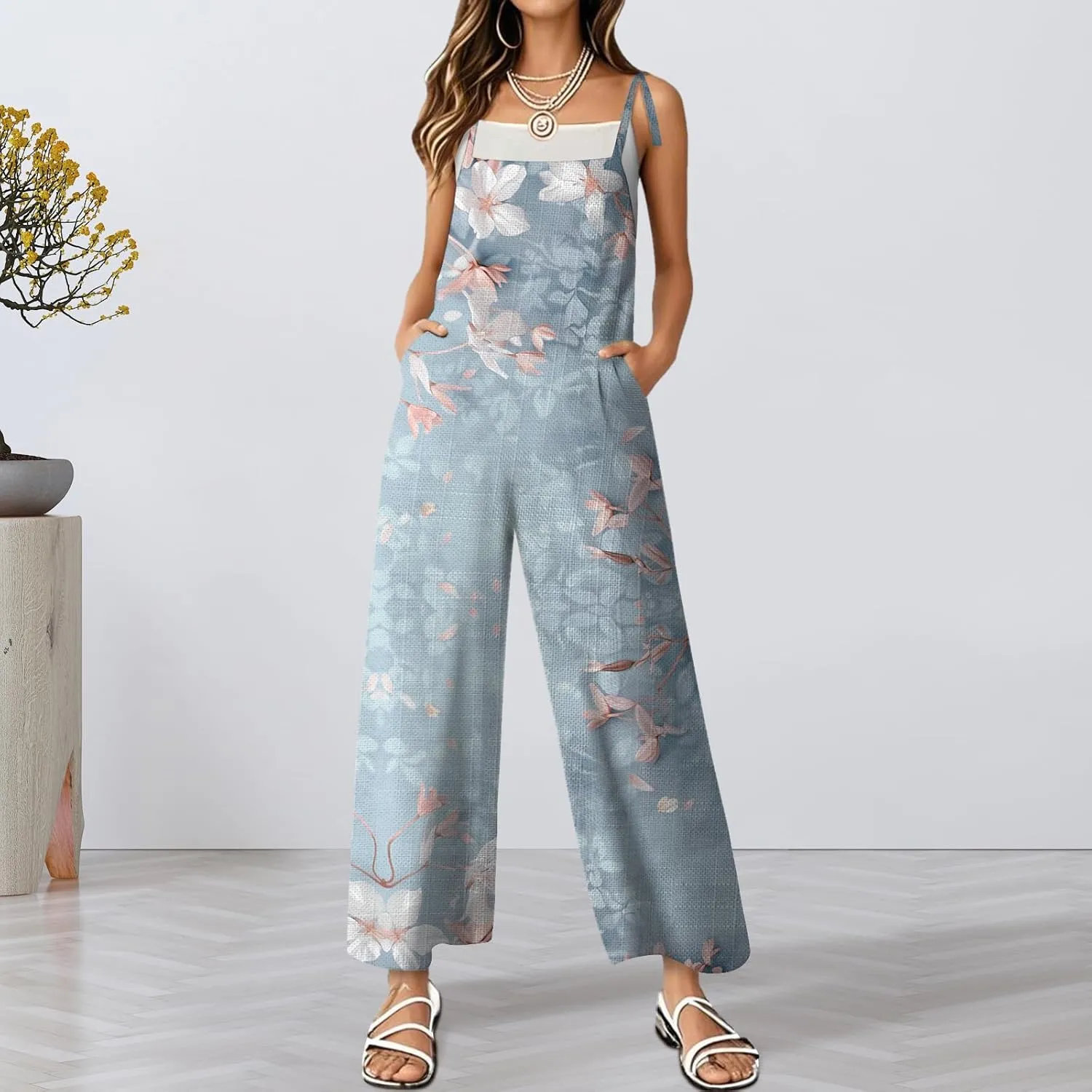 Women's Summer Rompers Loose Wide Leg Casual Wide Leg Long Jumpsuits Rompers with Pockets