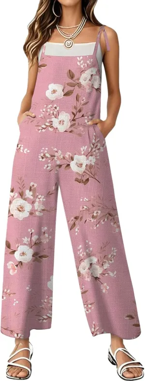Women's Summer Rompers Loose Wide Leg Casual Wide Leg Long Jumpsuits Rompers with Pockets