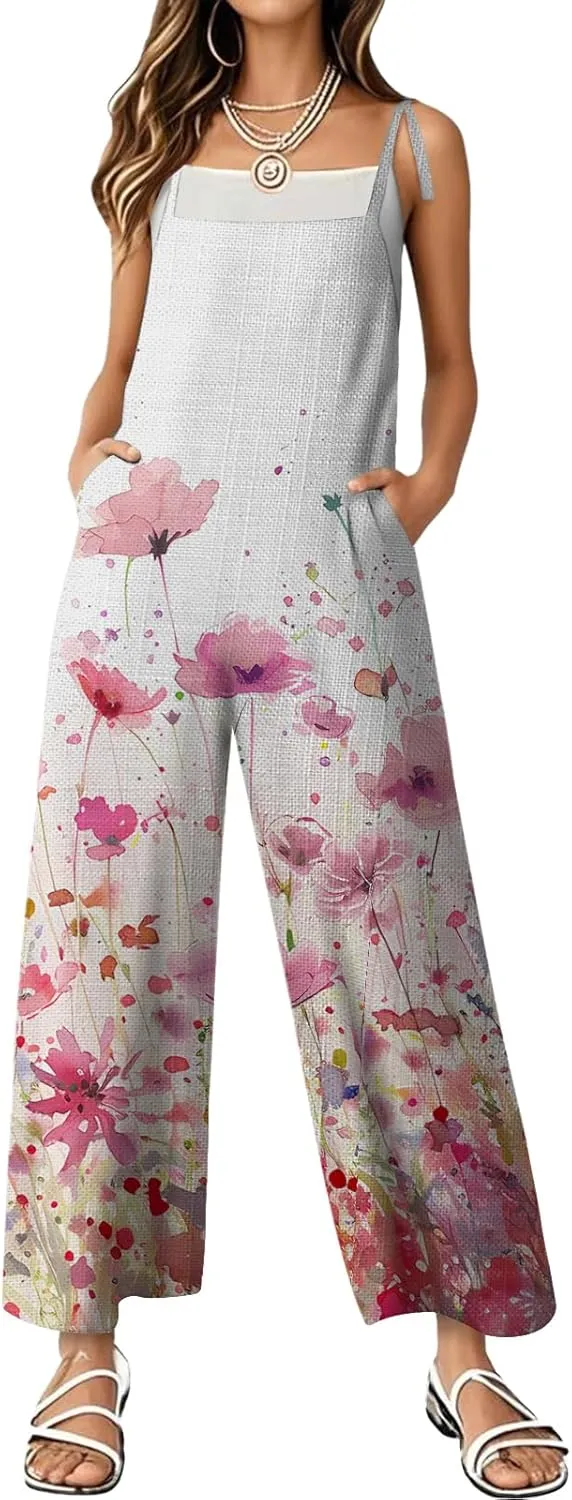 Women's Summer Rompers Loose Wide Leg Casual Wide Leg Long Jumpsuits Rompers with Pockets