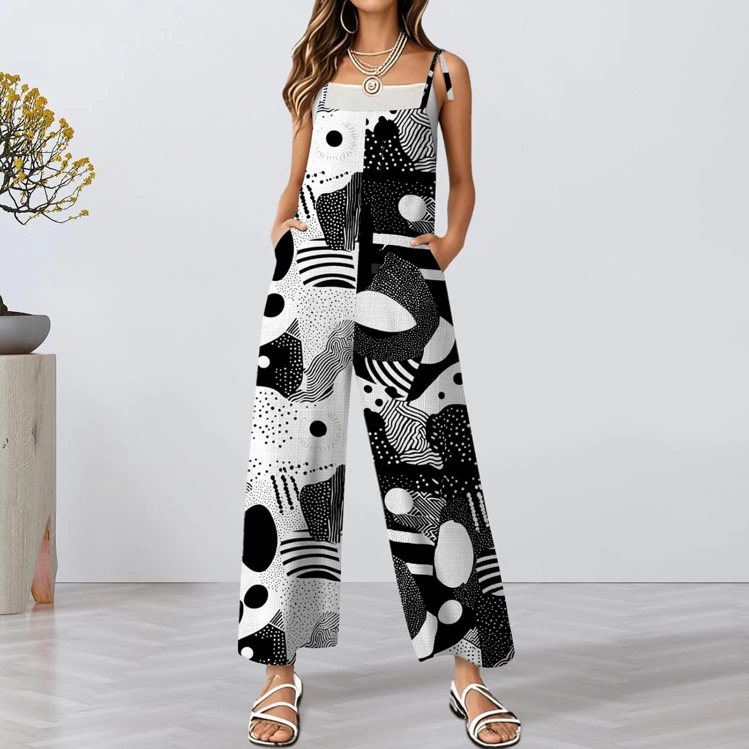 Women's Summer Rompers Loose Wide Leg Casual Wide Leg Long Jumpsuits Rompers with Pockets