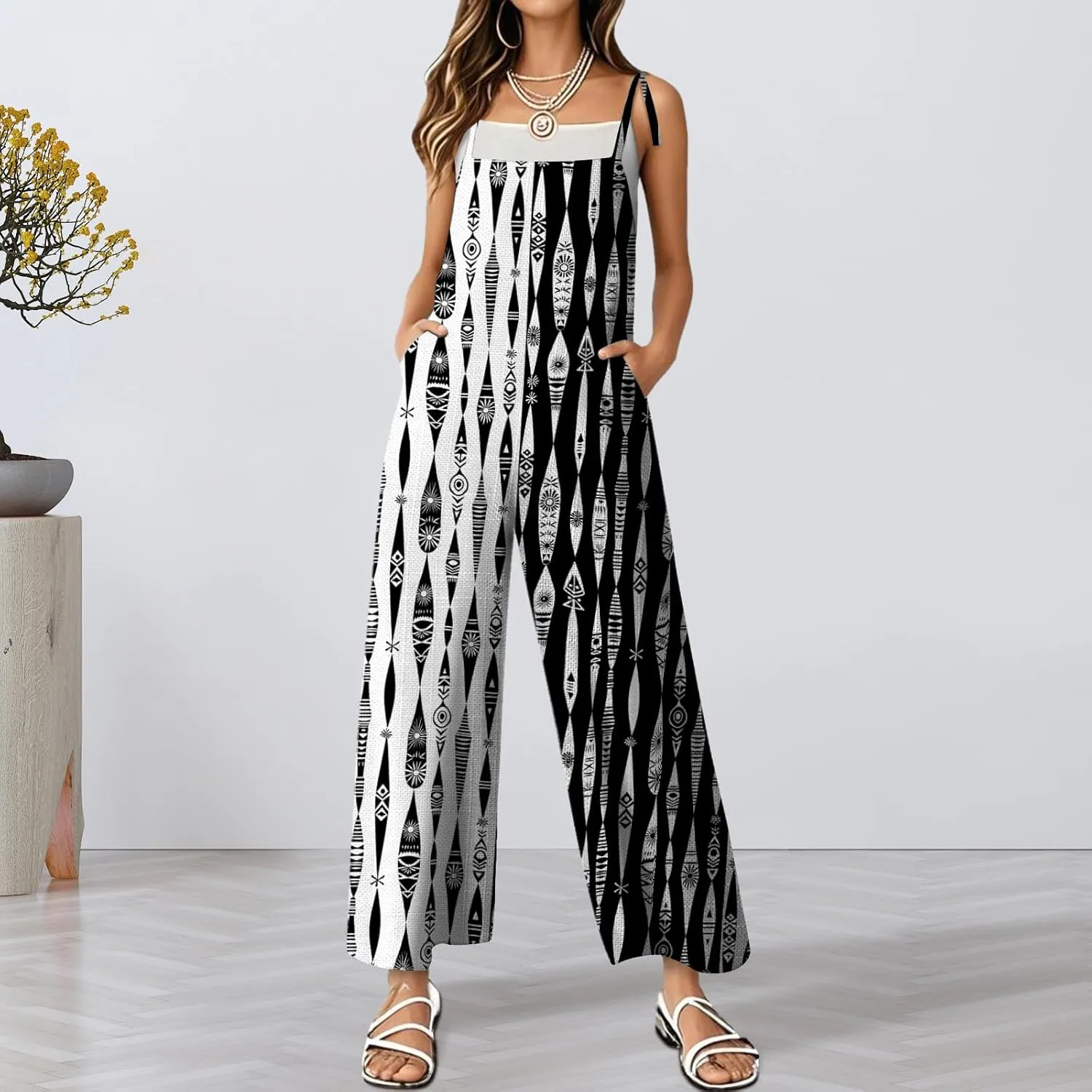 Women's Summer Rompers Loose Wide Leg Casual Wide Leg Long Jumpsuits Rompers with Pockets