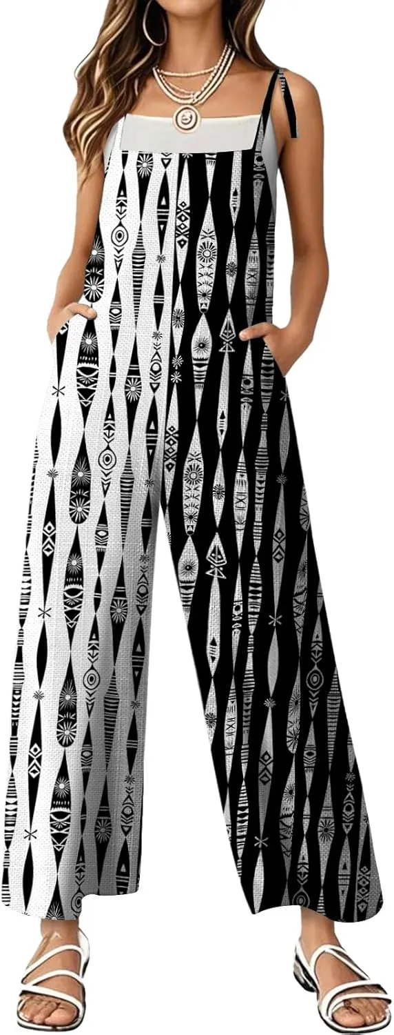 Women's Summer Rompers Loose Wide Leg Casual Wide Leg Long Jumpsuits Rompers with Pockets