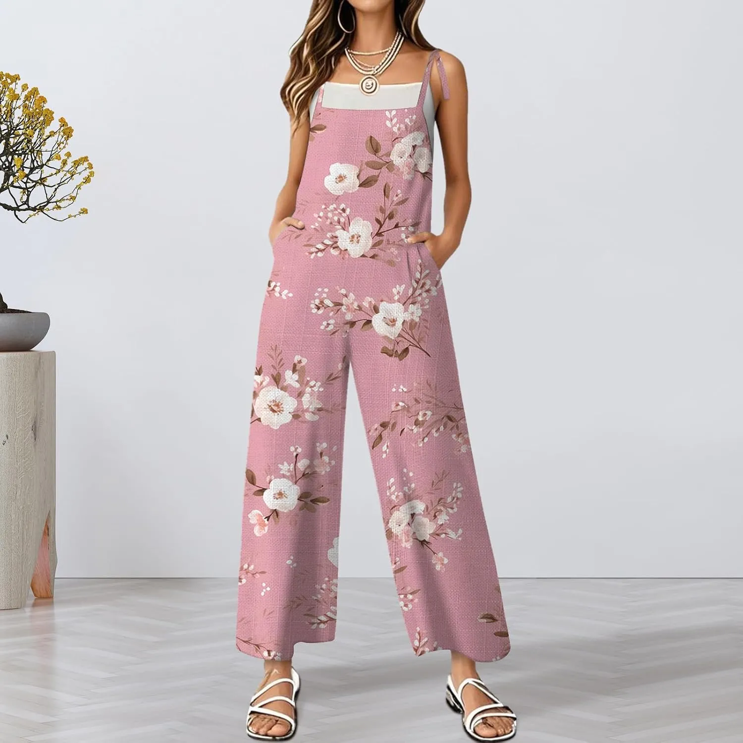 Women's Summer Rompers Loose Wide Leg Casual Wide Leg Long Jumpsuits Rompers with Pockets