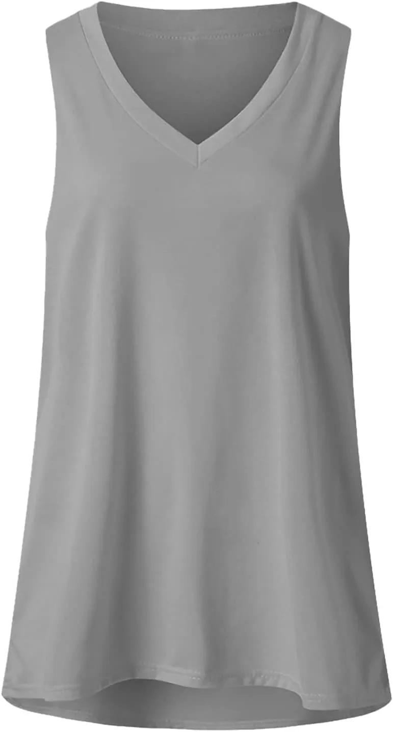 Womens Summer Tank Tops V Neck Sleeveless T Shirts Loose Fit Flowy Tshirt Plus Size Solid Casual Basic Tee Blouses