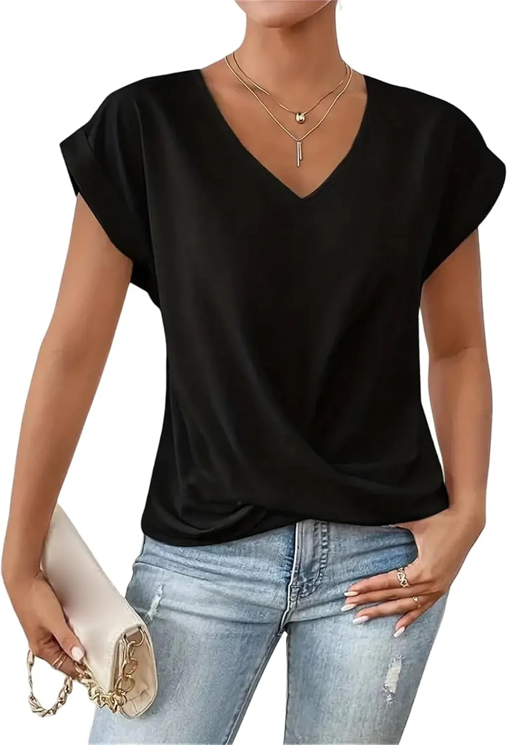Womens Summer Tops Twist Front Shirt Cap Sleeve V Neck t-Shirts Casual Dressy Shirts Loose Fit tees Elegant Blouses