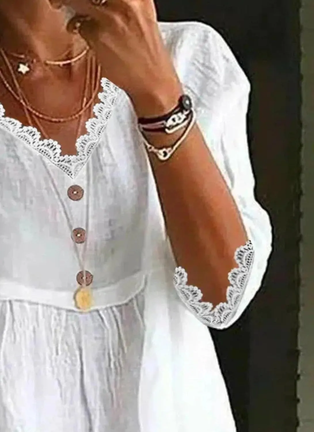 Women's Summer V-Neck 3/4 Sleeve T-Shirt Lace Trim Button Up Casual Beach Tops Everyday Tee Shirts