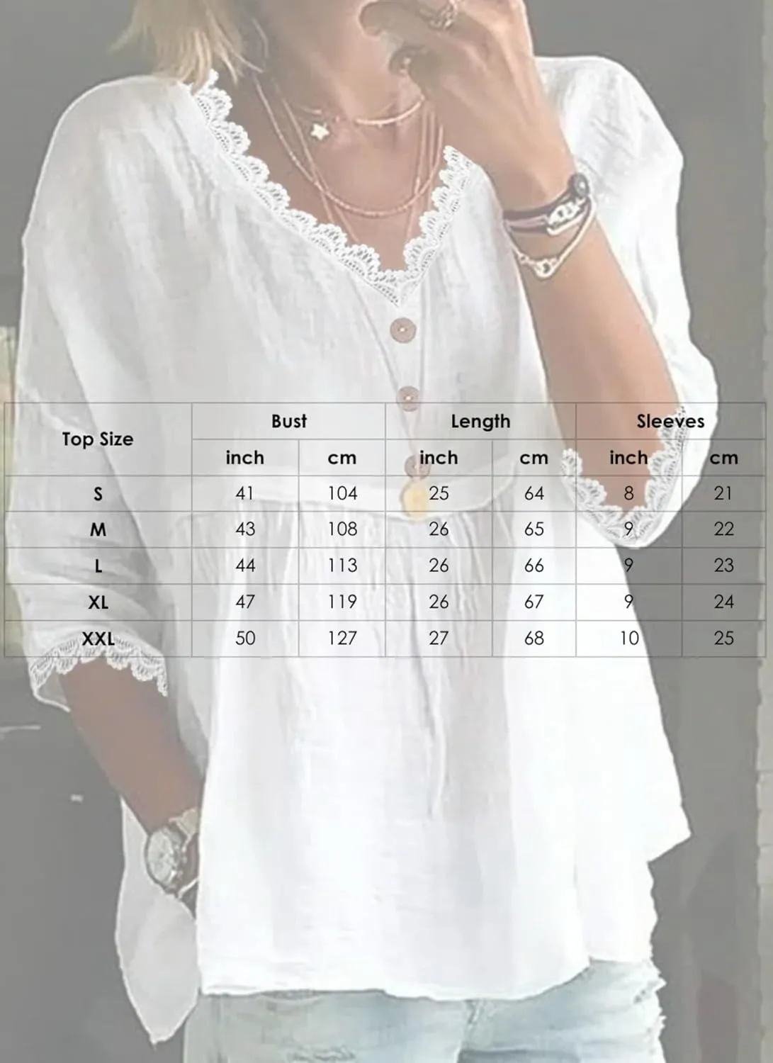 Women's Summer V-Neck 3/4 Sleeve T-Shirt Lace Trim Button Up Casual Beach Tops Everyday Tee Shirts