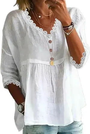 Women's Summer V-Neck 3/4 Sleeve T-Shirt Lace Trim Button Up Casual Beach Tops Everyday Tee Shirts