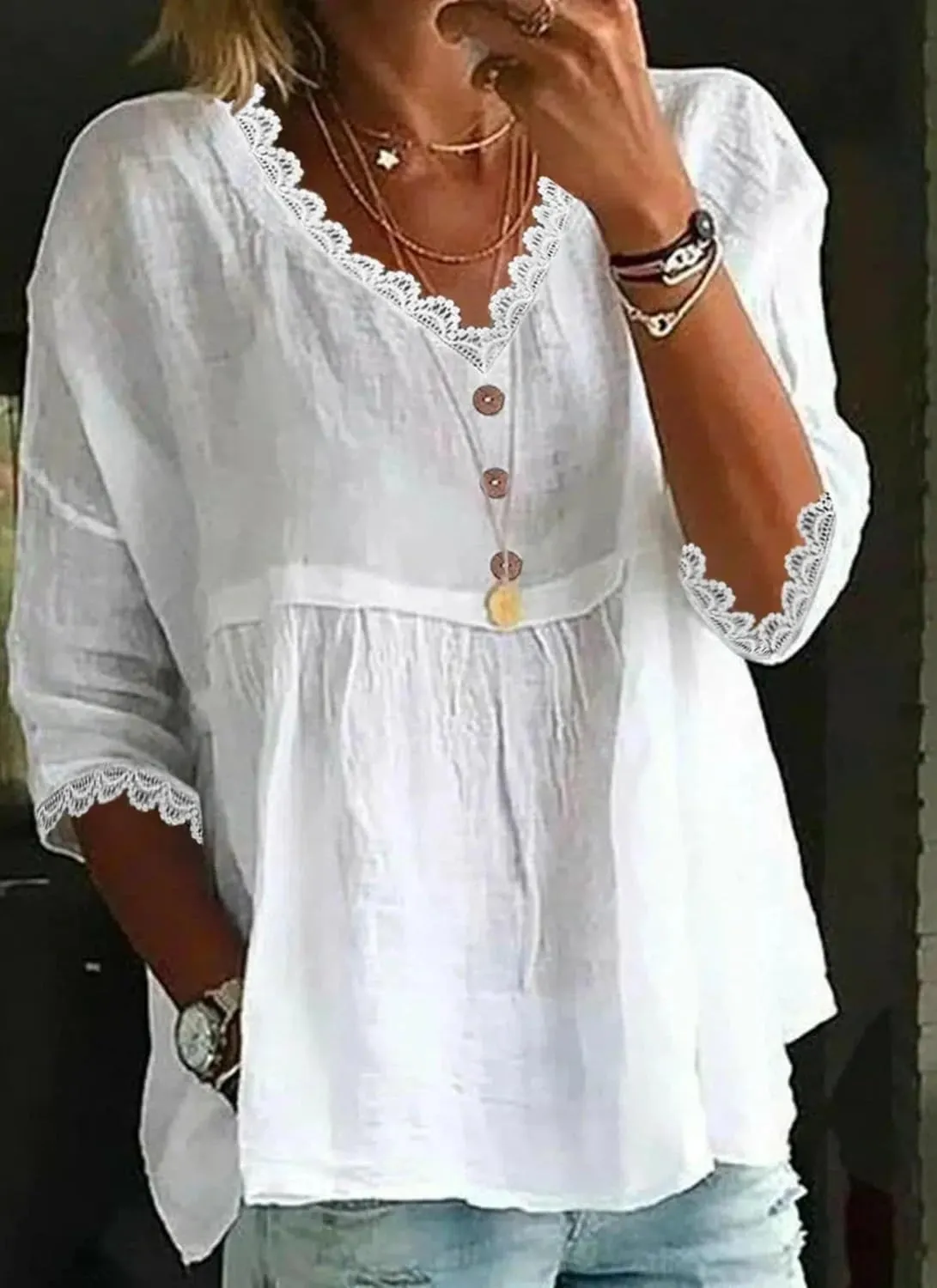 Women's Summer V-Neck 3/4 Sleeve T-Shirt Lace Trim Button Up Casual Beach Tops Everyday Tee Shirts