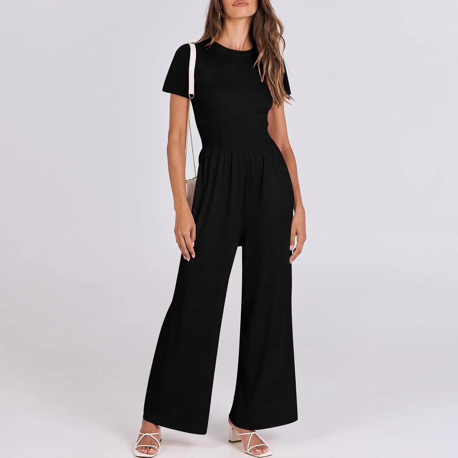 Women's Summer Wide Leg Jumpsuit Round Neck Short Sleeve High Waist Dressy Overalls Linen Romper with Pockets