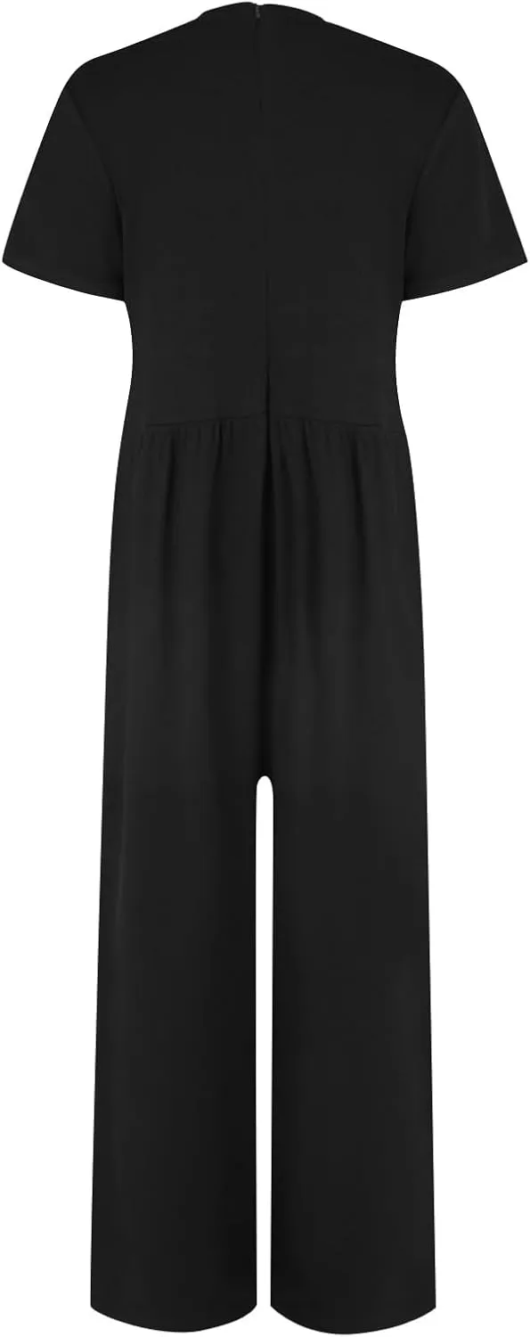 Women's Summer Wide Leg Jumpsuit Round Neck Short Sleeve High Waist Dressy Overalls Linen Romper with Pockets