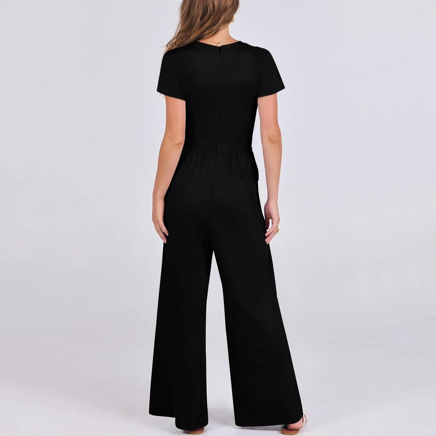 Women's Summer Wide Leg Jumpsuit Round Neck Short Sleeve High Waist Dressy Overalls Linen Romper with Pockets