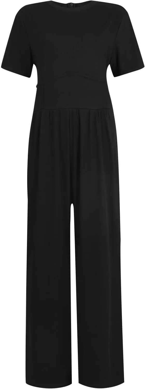 Women's Summer Wide Leg Jumpsuit Round Neck Short Sleeve High Waist Dressy Overalls Linen Romper with Pockets