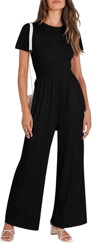 Women's Summer Wide Leg Jumpsuit Round Neck Short Sleeve High Waist Dressy Overalls Linen Romper with Pockets