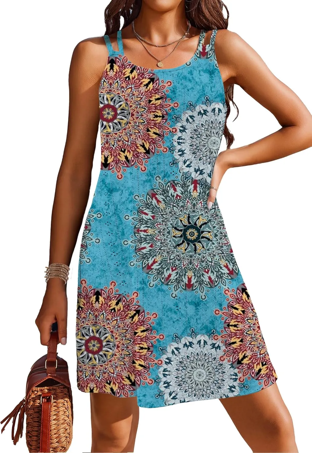 Womens Swimsuit Cover Up Spaghetti Strap Eyelet Embroidery Scoop Neck Sleeveless Casual Summer Dress Bikini Coverup