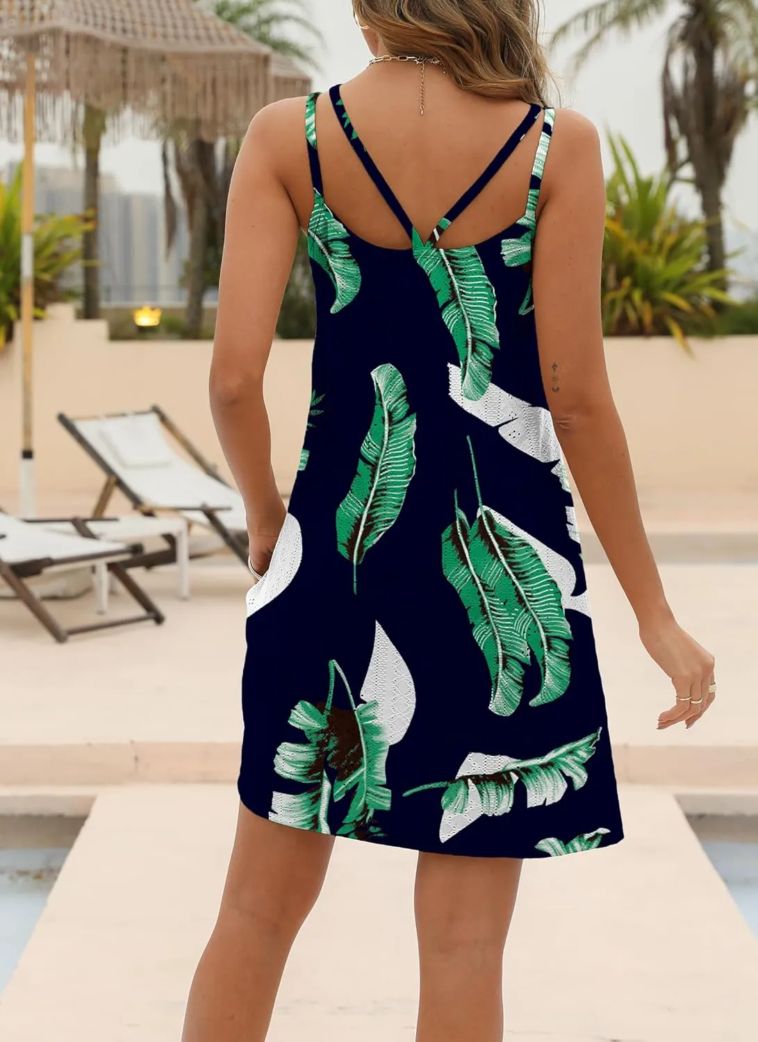 Womens Swimsuit Cover Up Spaghetti Strap Eyelet Embroidery Scoop Neck Sleeveless Casual Summer Dress Bikini Coverup